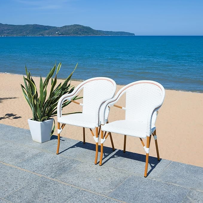 SAFAVIEH Outdoor - California Armchair Set of 2 - White - Faux Wicker & Aluminum Frame - Woven Bi... | Amazon (US)