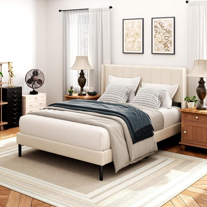 Sismplly Queen Bed Frame with Headboard, Bed Frame Queen Size Vertical Channel Tufted Wingback No... | Amazon (US)