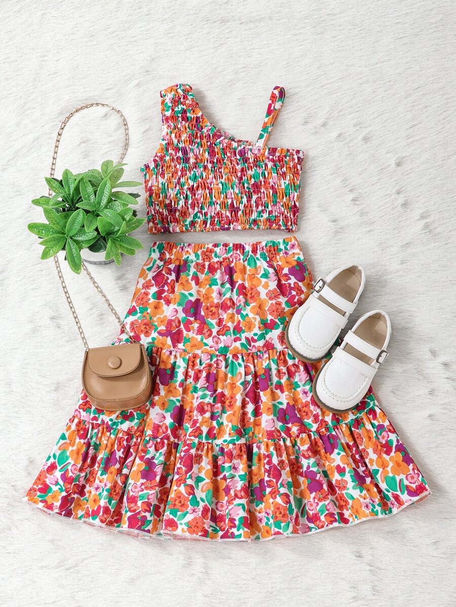 Young Girl Floral Print Asymmetrical Neck Ruffle Hem Top & Ruffle Hem Skirt | SHEIN