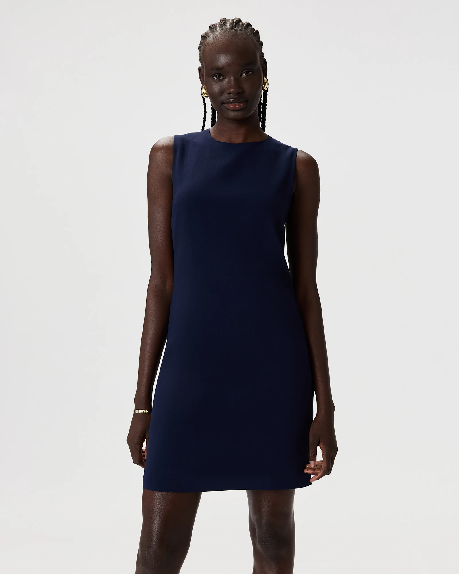 Fluid Crepe Sleeveless Shift Dress in Navy | Quince