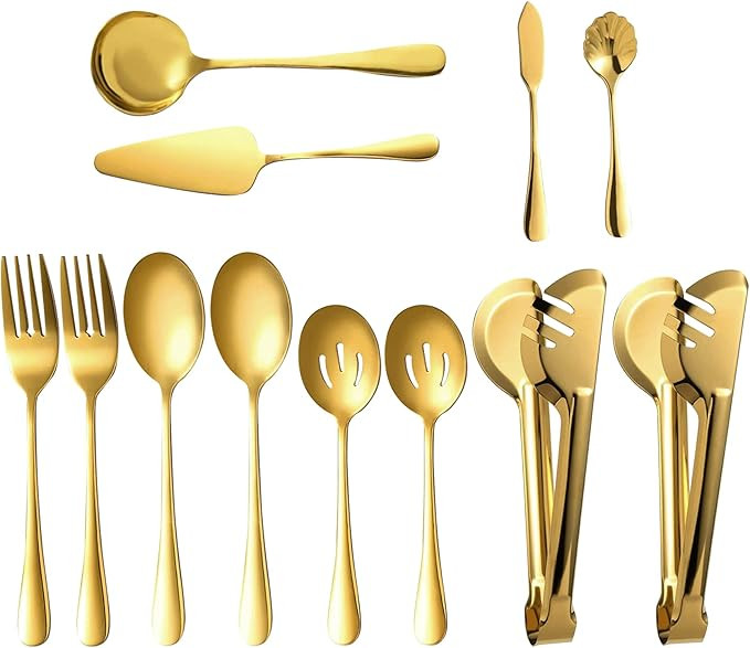 Gold Serving Utensils Set of 12, Stainless Steel Serving Sets with, 9.8''Serving Forks, Slotted S... | Amazon (US)