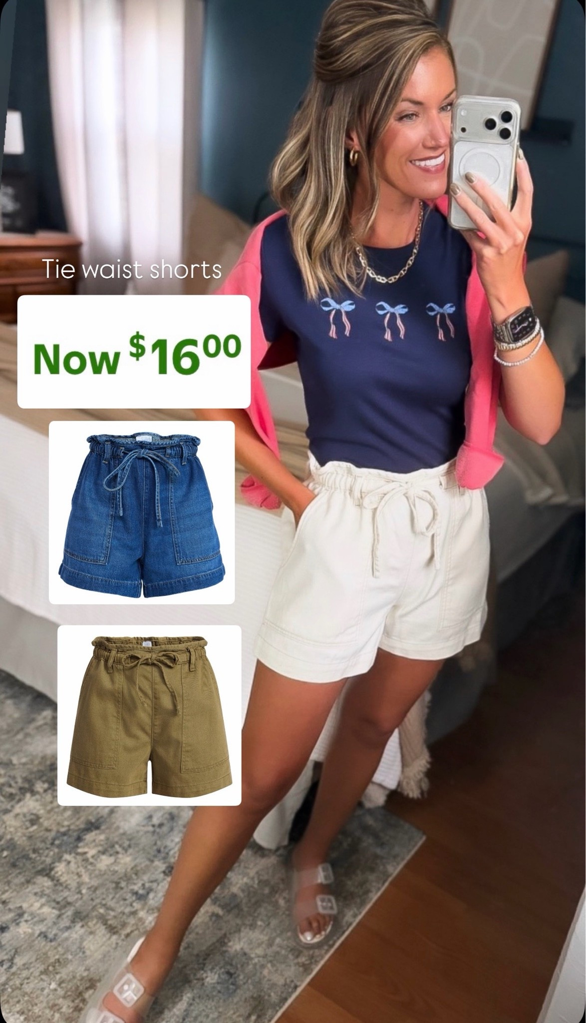 Tie waist shorts down to $16. Great modest length.

#LTKSeasonal #LTKmomlife #LTKSaleAlert