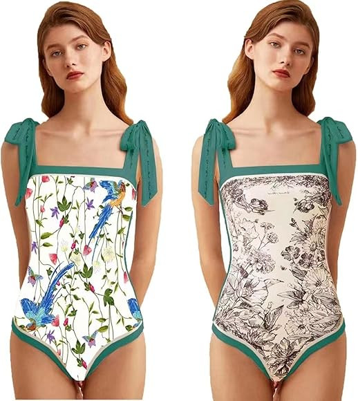 Women Double-Sided Floral One Piece Swimsuits Reversible Tie Shoulder Monokini Tummy Control Bath... | Amazon (US)