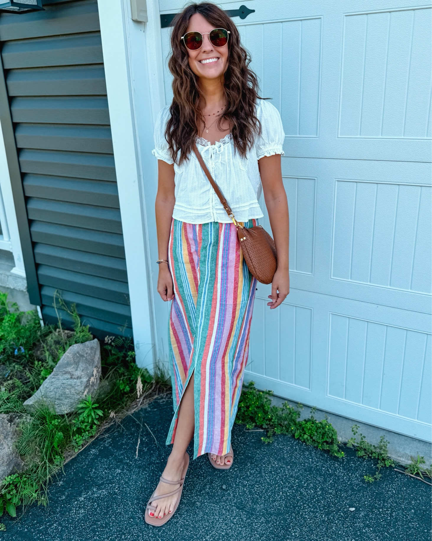 Xs in my top (100% cotton!) and 2 petite in my linen skirt (also linked similar). My croc sandals are size 6.