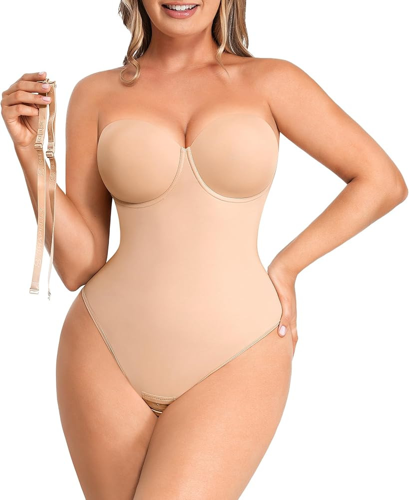 SHAPELLX Shapewear Bodysuit for Women Tummy Control Strapless Body Suit Faja Body Shaper Thong | Amazon (US)