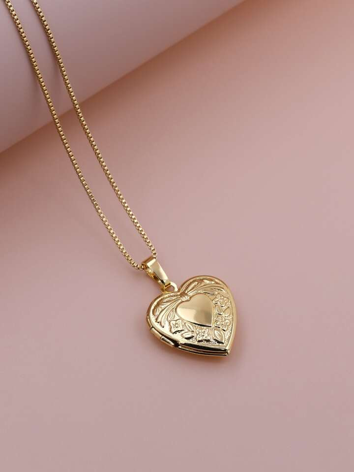 New Nordic Style Retro Lace Hollow Heart Ribbon Photo Locket Pendant Photo Necklace Copper Album ... | SHEIN