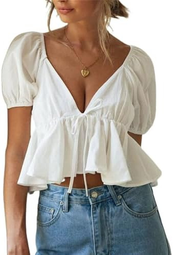 Womens Ruffle Hem Peplum Crop Top Deep V Neck Puff Short Sleeve Tie Up Back Blouse Shirts | Amazon (US)