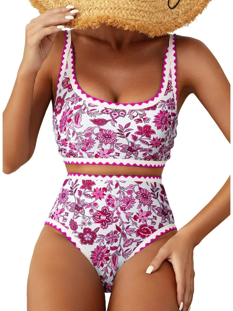 SHEWIN Women's Bikini Sets Floral Print Whip Stitch 2 Piece Swimsuits High Waisted Scoop Bathing ... | Walmart (US)