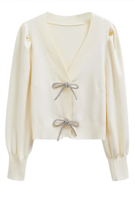 Sparkling Bowknot Buttoned Lantern Sleeve Knit Cardigan in Cream | Chicwish