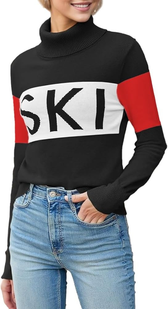 Women Turtleneck Sweaters Warm Shirts Apres Ski Patchwork Tops Winter Skiing Snow Trip Outfit Top... | Amazon (US)
