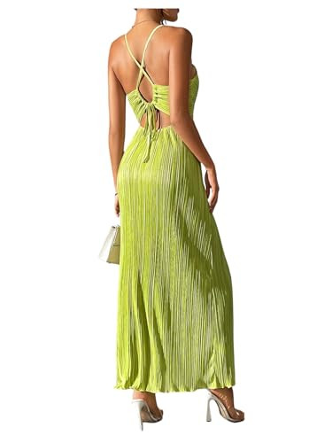 OYOANGLE Women's Summer Textured V Neck Sundress Tie Back Spaghetti Strap Pleated A Line Beach Lo... | Amazon (US)