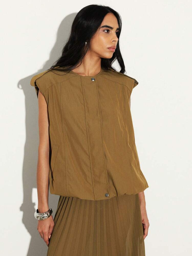 KSTM Khaki Balloon Hem Vest With Structured Shoulders And Snap Button Closures For Women Fall Win... | SHEIN