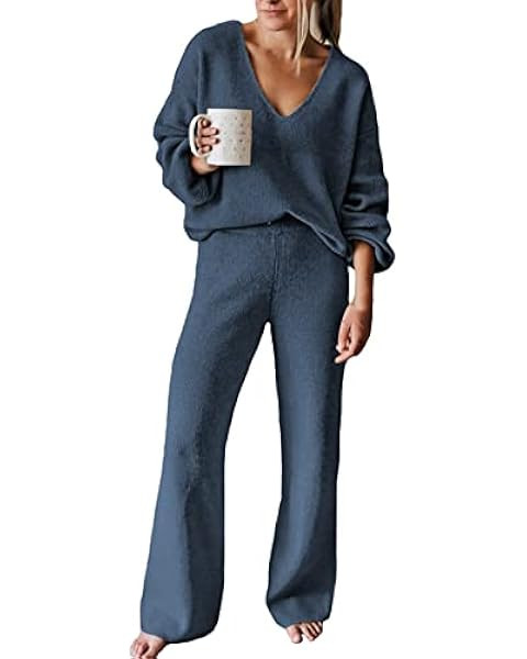 Viottiset Women's 2 Piece Outfits Casual V Neck Knit Wide Leg Sweater Lounge Set Sweatsuit | Amazon (US)