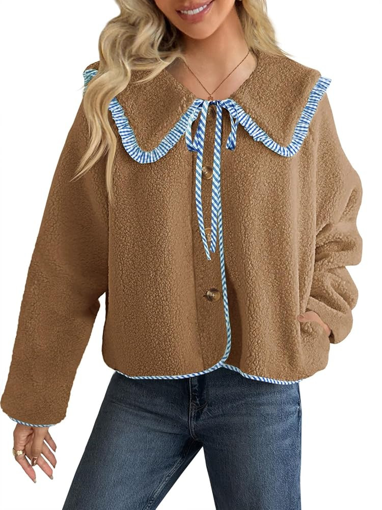Tankaneo Womens Fuzzy Fleece Jacket Peter Pan Collar Button Down Fall Winter Sherpa Coats Colorbl... | Amazon (US)