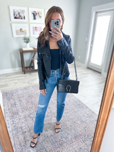 Amazon seamless tank tops in XS. Amazon straight jeans in 24. Spring outfit. Date night outfit. Favorite Moto jacket in XS. Code LISA10 on Cakes pasties! Shoes are TTS. 

#LTKshoecrush #LTKfindsunder50 #LTKstyletip