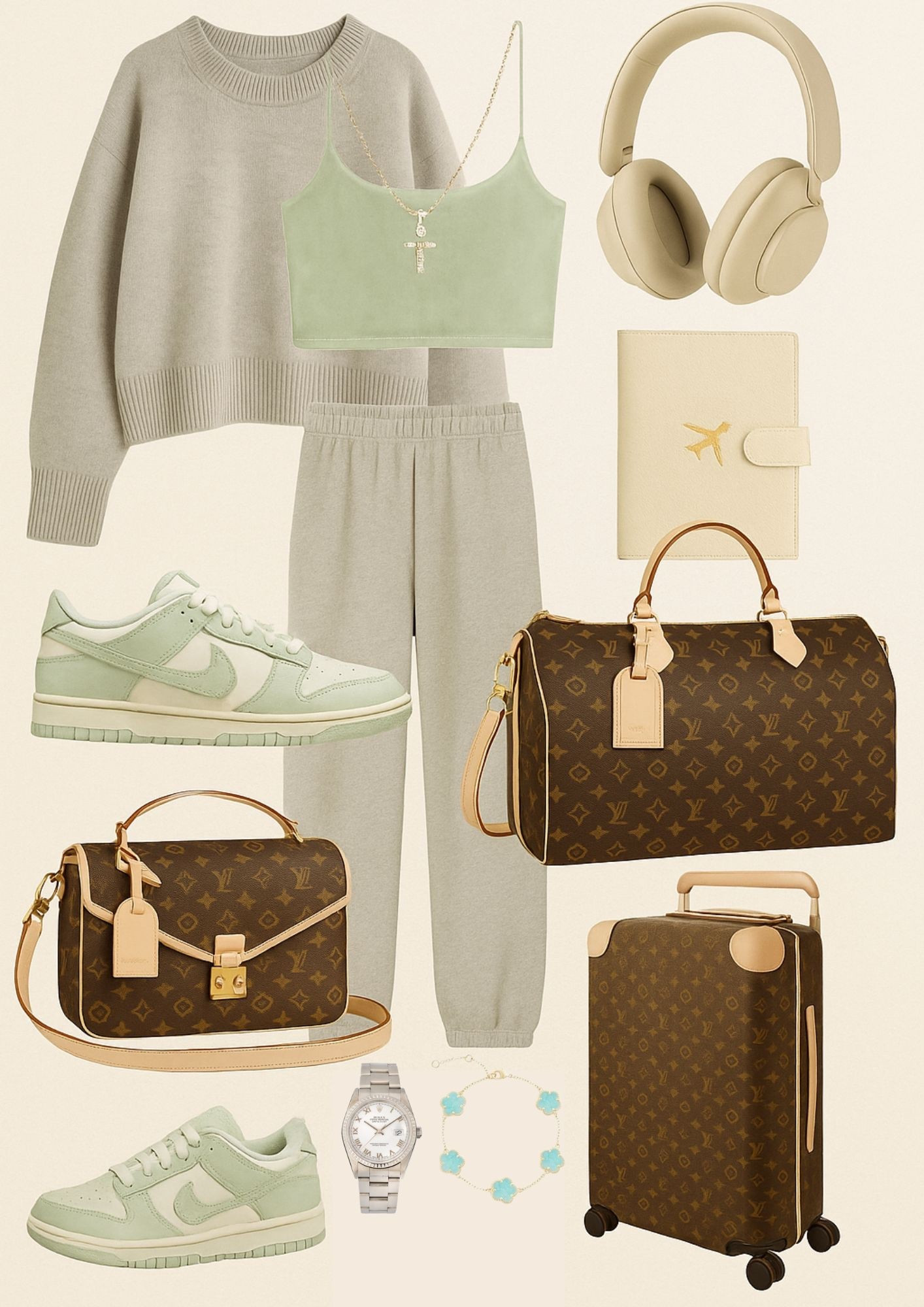 ✨ The Ultimate Luxe Airport Outfit ✈️
Stay cozy and chic while you travel with this neutral-toned airport look featuring soft sage sneakers, designer luggage, and cozy essentials. This set is perfect for jet-setters who love elevated comfort and minimal effort. Whether you’re catching flights or just love the aesthetic, every detail is curated for that soft luxury vibe.

👜 Paired with iconic Louis Vuitton luggage
👟 Mint green Nike Dunks for a soft pop of color
🧥 Neutral jogger set for maximum comfort
🎧 Cream noise-canceling headphones
💎 Delicate cross necklace + silver timepiece
🌸 Floral bracelet adds the prettiest touch

📍Shop the look below + save for your next travel day
#LuxeTravelStyle #AirportOutfit #NeutralAesthetic #NikeDunks #DesignerLuggage #TravelOutfitInspo #LTKTravel #ComfyAndChic #JetsetterStyle #PinterestAesthetic #TheAestheticEnthusiast

#LTKTravel #LTKStyleTip