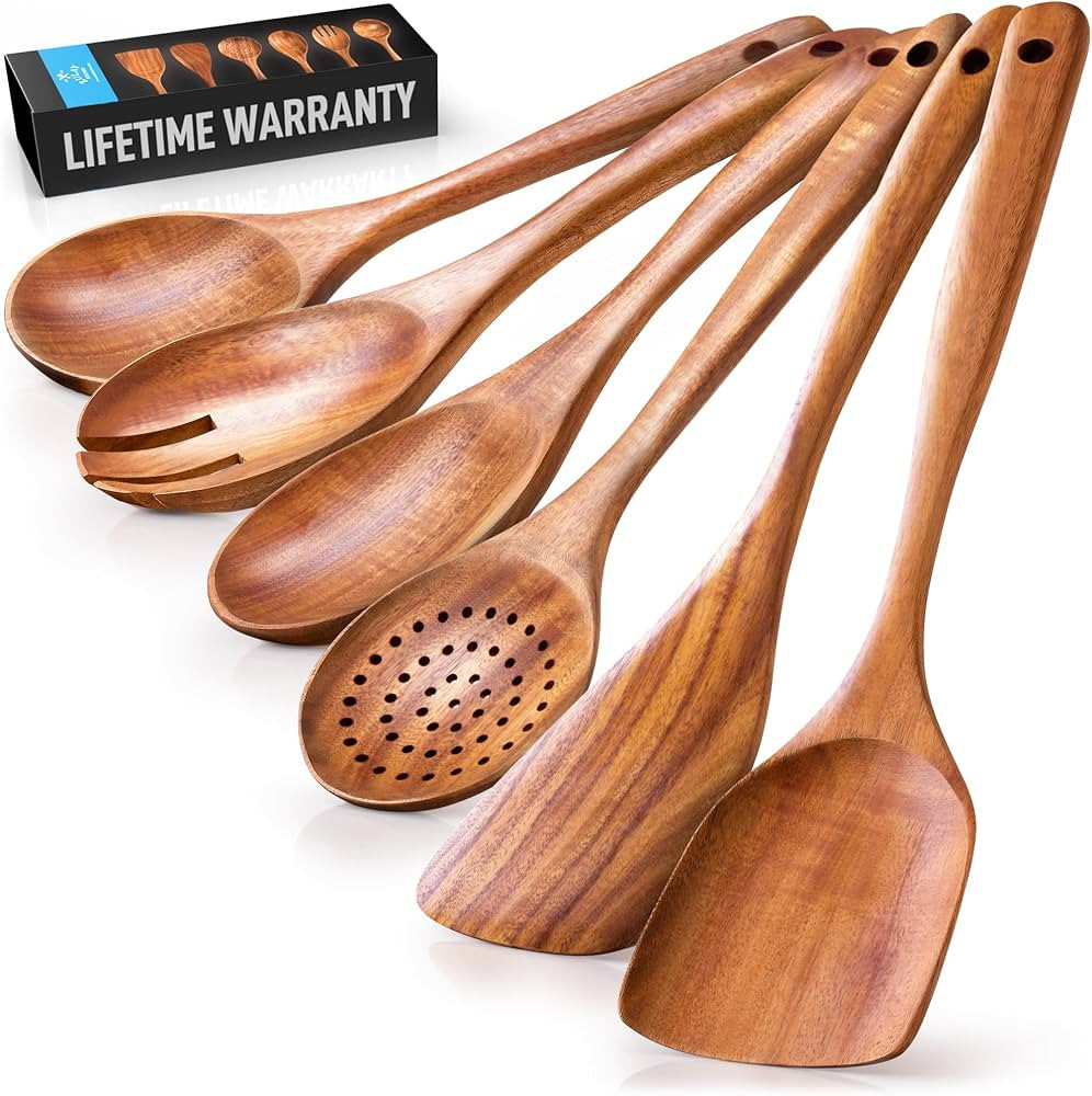 Zulay Kitchen 6-Piece Wooden Spoons for Cooking - Smooth Finish Teak Wooden Utensils for Cooking ... | Amazon (US)