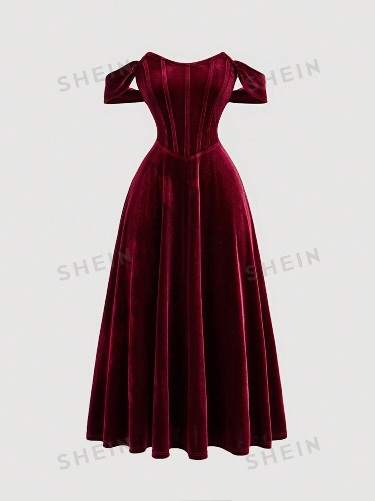 SHEIN MOD Romantic Red Faux Fishbone Design Off Shoulder Dress, Formal Dress, Christmas Dress | SHEIN