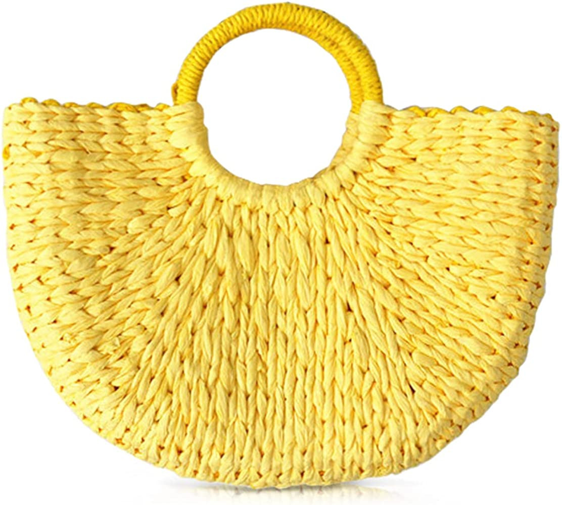 QTKJ Simple Retro Semi-circle Rattan Straw Bag Hand-Woven Round Handle Handbags Summer Beach Bag ... | Amazon (US)