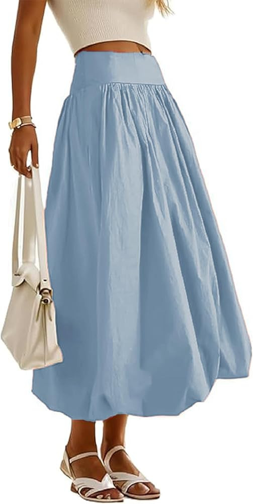 Women's Bubble Long Skirt Elastic Waist A-Line Pleated Ruffle Flowy Balloon Maxi Skirts with Pock... | Amazon (US)