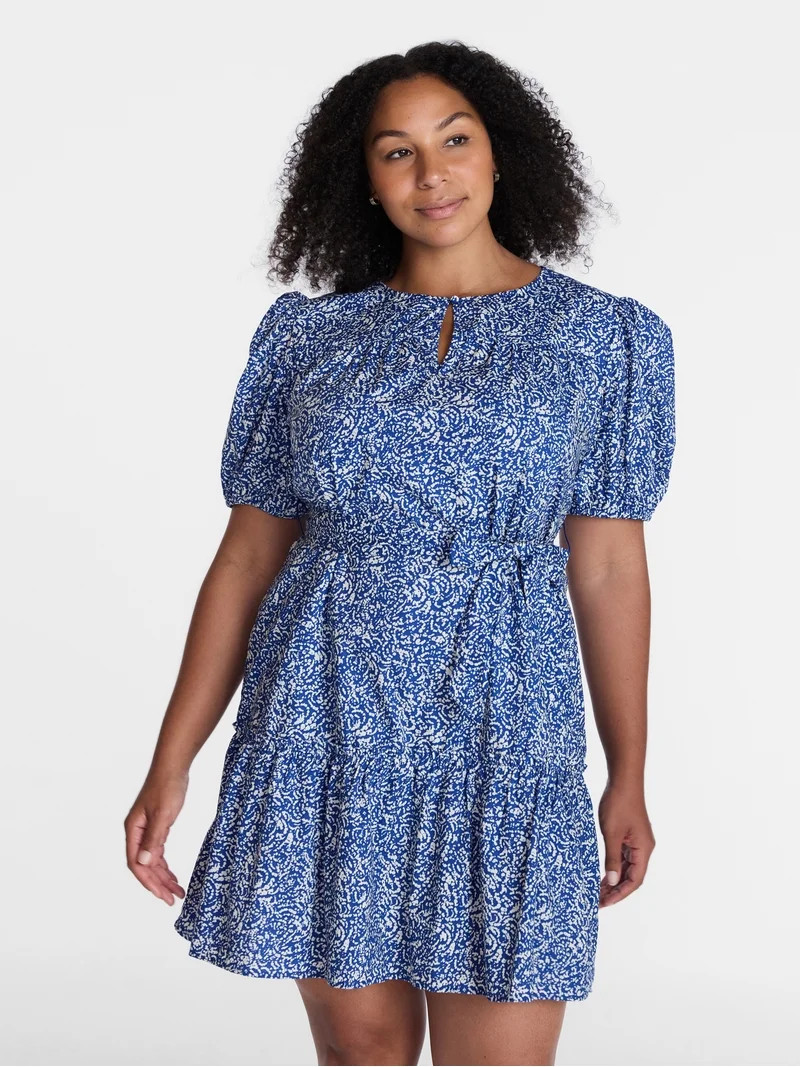 Time and Tru Women's and Women's Plus Cotton Mini Dress with Puff Sleeves, Sizes XS-4X | Walmart (US)