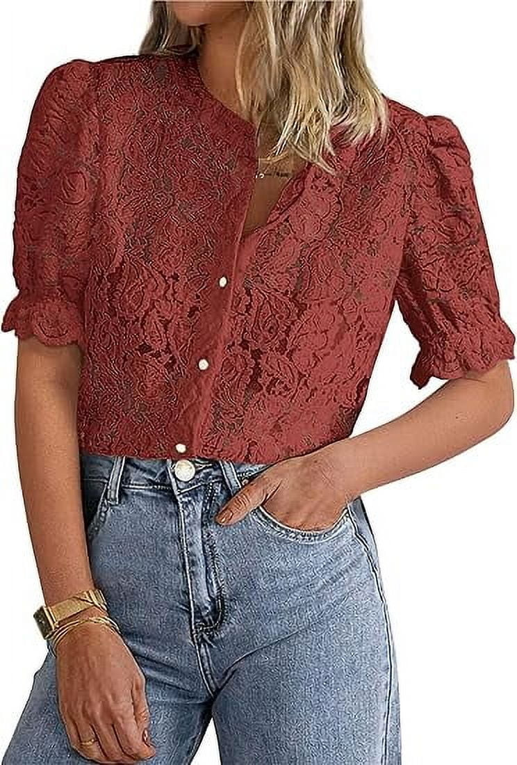 PRETTYGARDEN Womens Summer Lace Tops Short Puff Sleeve Casual Dressy Blouses Eyelet Crew Neck But... | Walmart (US)