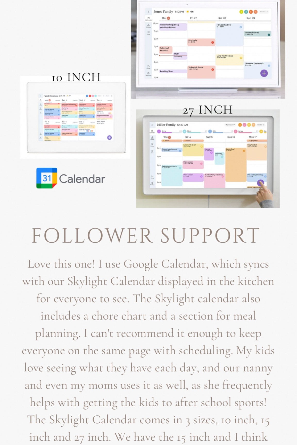 I use google calendar that syncs to our skylight calendar! I can’t recommend this enough to keep everyone organized and on the same page when it comes to scheduling! 

#LTKKids #LTKFamily #LTKHome
