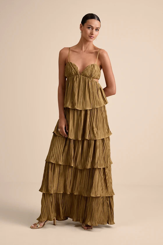 Kanya Gold Satin Plisse Tiered Maxi Dress | Lulus