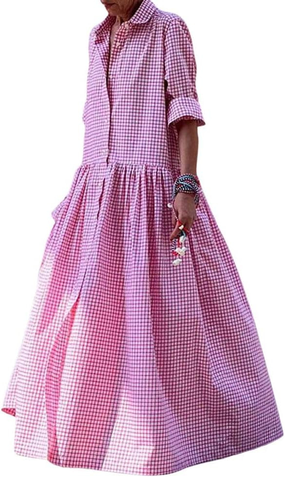 chouyatou Women's Retro Plaid Button Down Maxi Shirt Dress Long Sleeve Button Up Gingham Swing Lo... | Amazon (US)