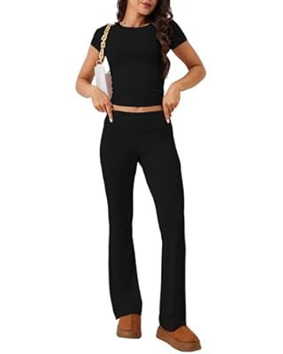 Darong Women's 2 Piece Lounge Set Fold-Over Flare Pants Short Sleeve Cropped Top Set Casual Outfi... | Amazon (US)