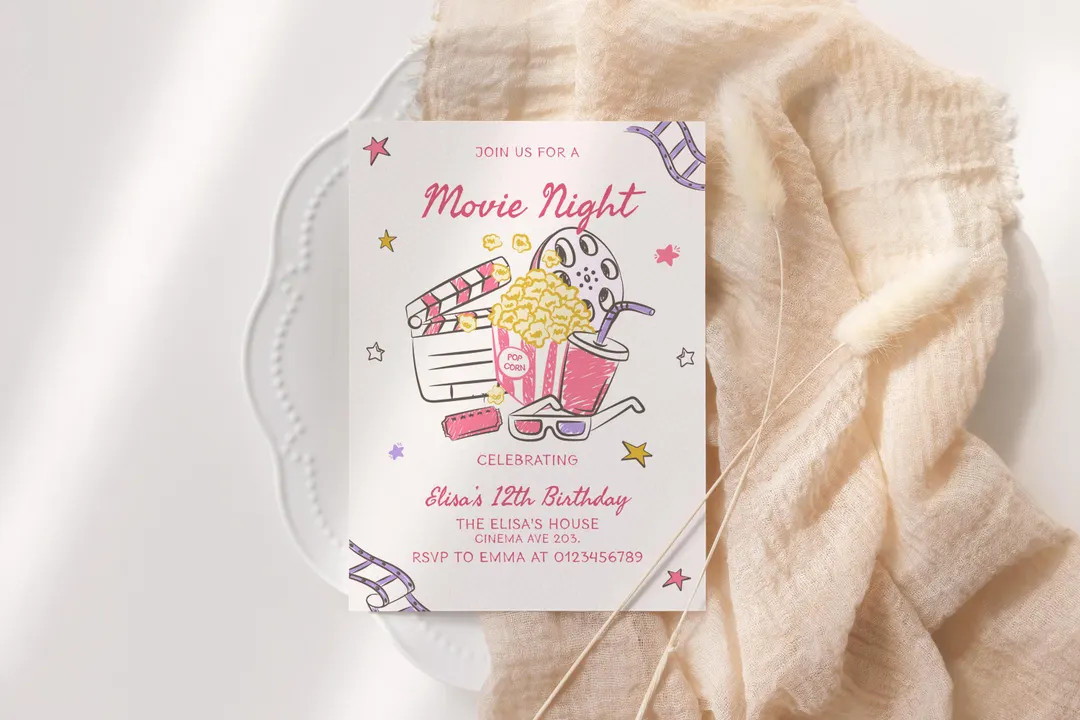 Hand Drawn Movie Night Invitation Template, Girls Movie Birthday Invitation, Scribble Kids Birthd... | Etsy (US)