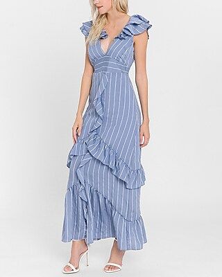 English Factory Striped Ruffle Maxi Dress Blue Women's M | Express