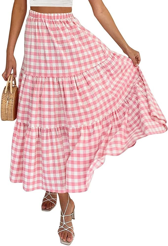 ANRABESS Women’s Summer Boho Elastic Waist Pleated A-Line Flowy Swing Tiered Long Beach Skirt Dress  | Amazon (US)