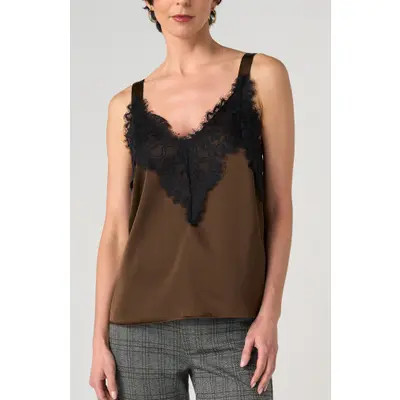 Liverpool Los Angeles Lace Trim Satin Camisole in Whpd Crm W Blkl at Nordstrom, Size X-Large | Nordstrom