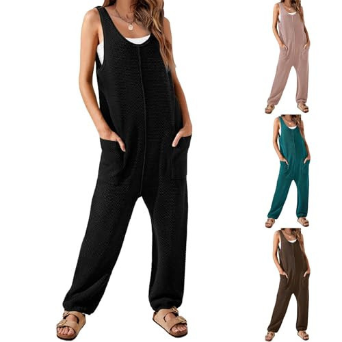 Mmoneyake Knit Jumpsuits for Women Sleeveless One Piece Jumpsuits Casual Loose V Neck Romper with Pocket and Long Pants Overalls Black | Amazon (US)