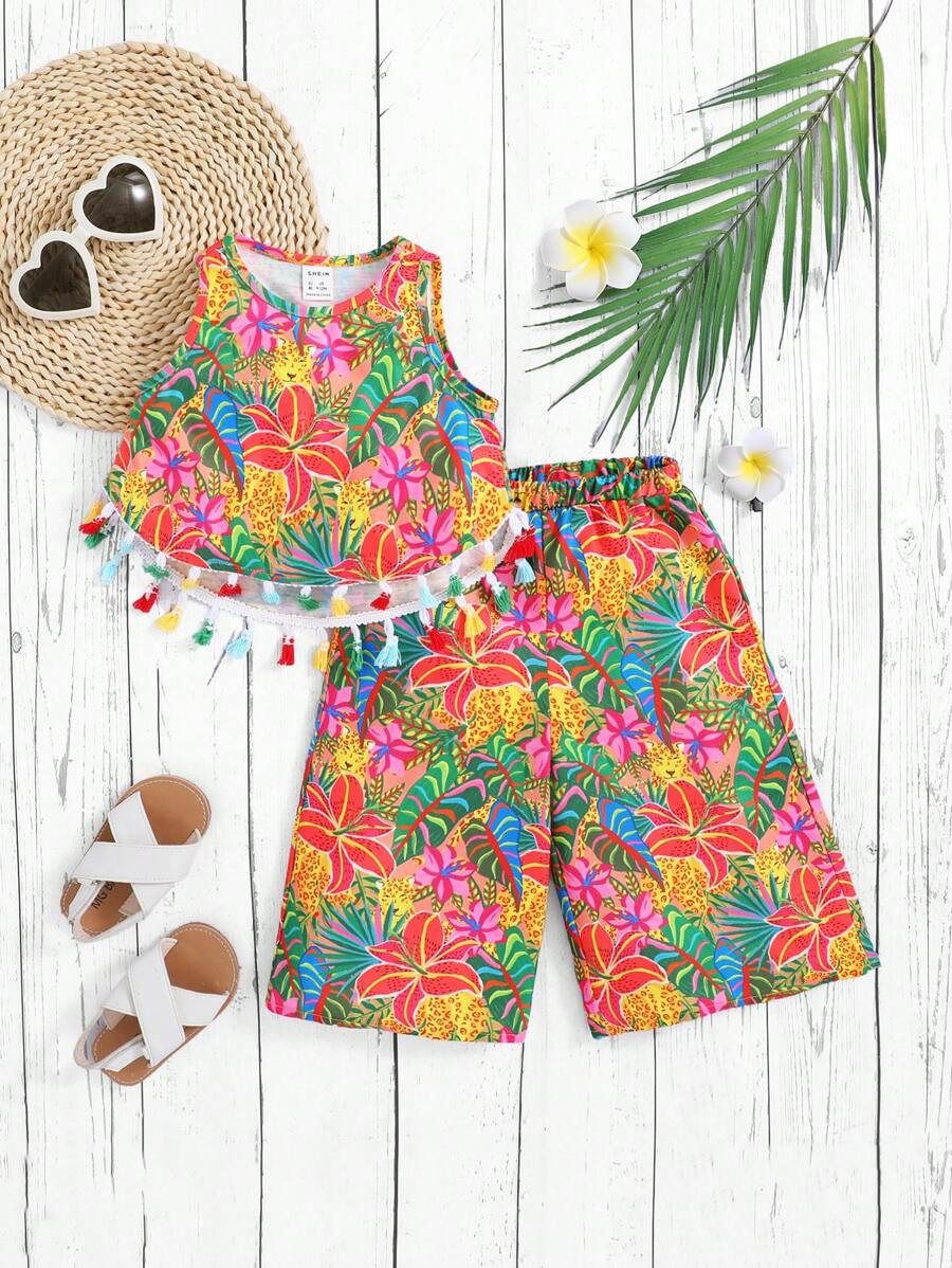 SHEIN Baby Girl Colorful Floral Pattern Fringe Tank Top And Elastic Waist Long Pants Suit For Sum... | SHEIN