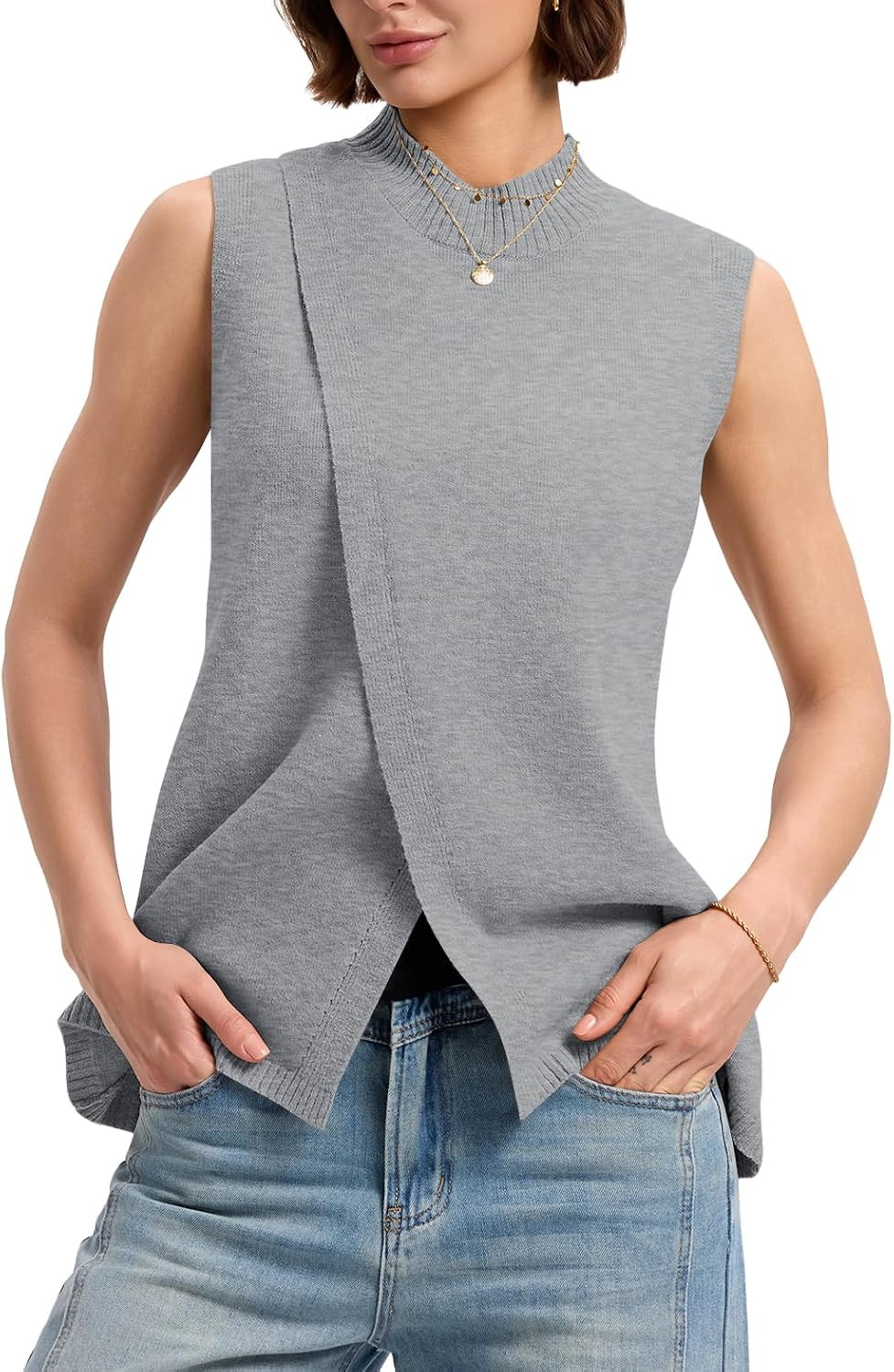 LOMON Womens Mock Neck Sweater Vest Slim Fit Side Split Sleeveless Pullover | Amazon (US)