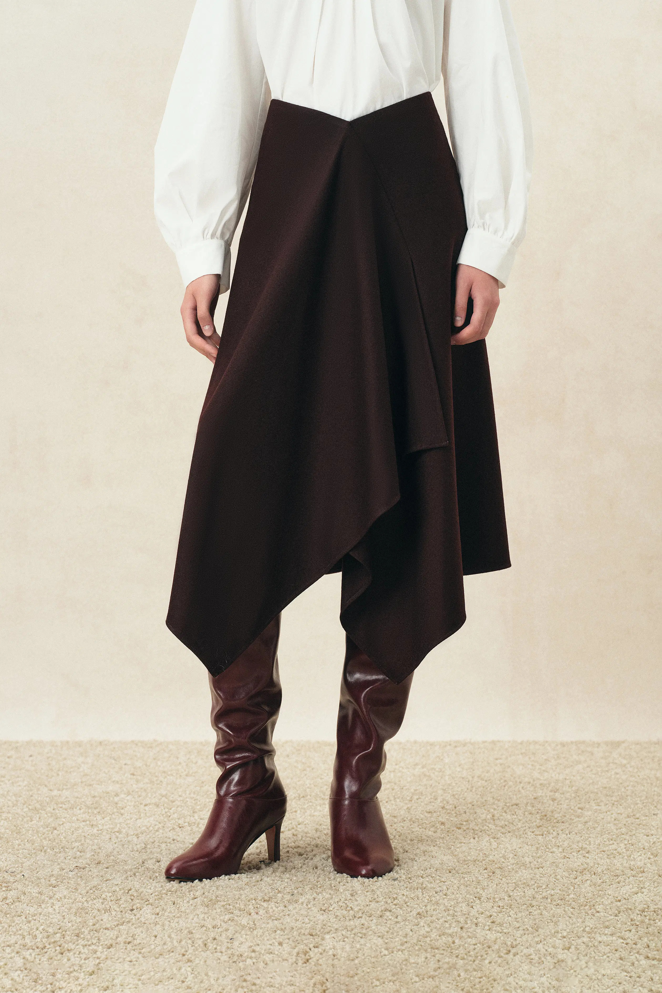 Rhea Burgundy Asymmetric Wrap Midi Skirt in Wool Blend | Fabrique