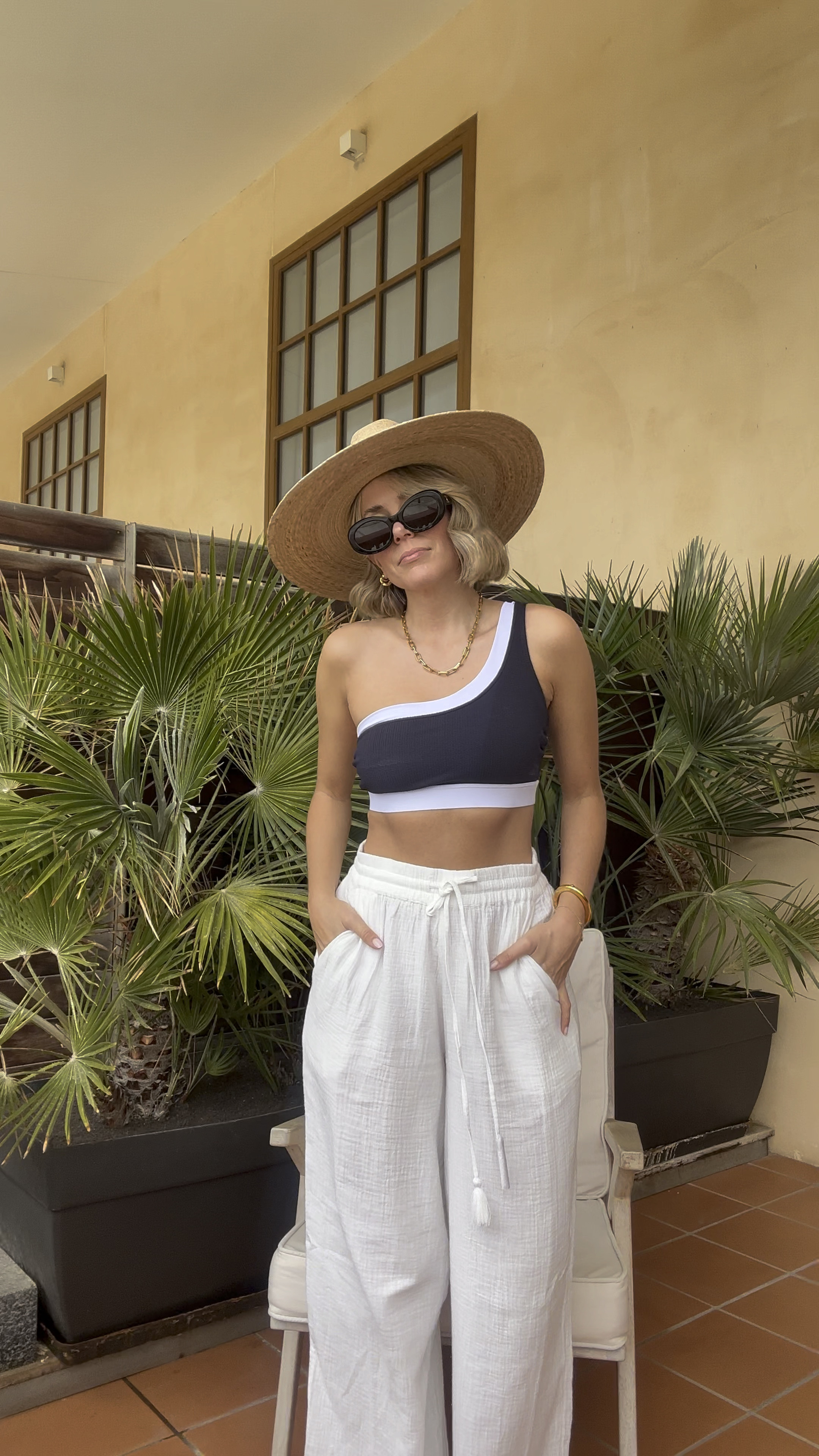 Swimwear 
One shoulder bikini
Beach trousers 
White trousers 
Beachwear 

#LTKSeasonal #LTKeurope #LTKstyletip