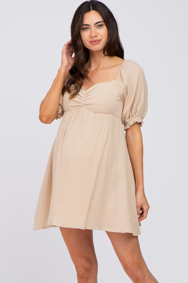 Beige Sweetheart Neckline Maternity Mini Dress | PinkBlush Maternity