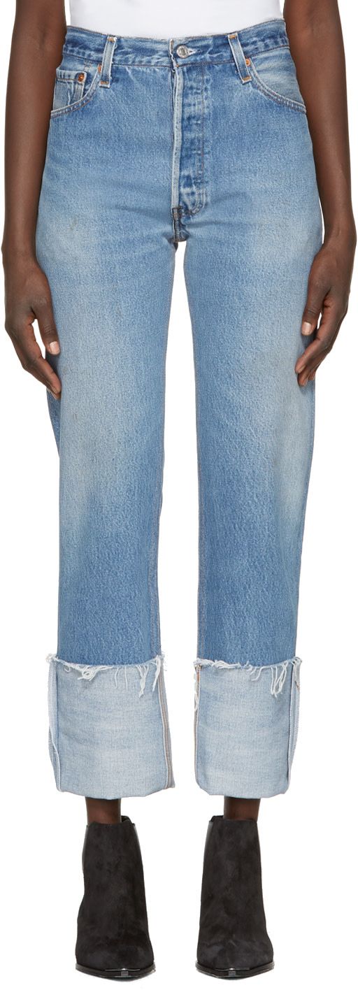 Blue High-Rise Straight Cuffed Jeans | SSENSE