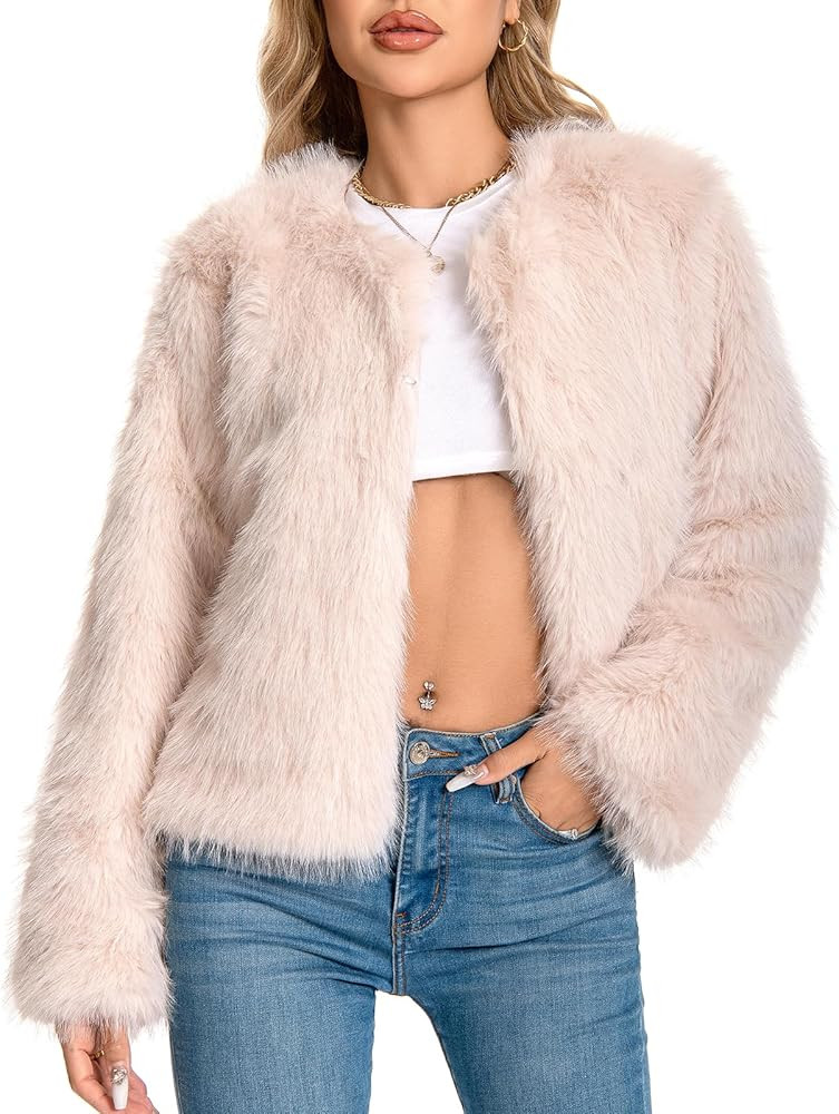 Fur Coat for Women,Faux Furry Long Sleeve Cropped Fluffy Jacket Open Front Coat Shaggy Warm Fall ... | Amazon (US)