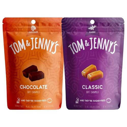 Tom & Jenny's Sugar Free Candy (Soft Caramel Candy) Low Net Carb Keto Zero Sugar Candy - Chewy Sugar Free Caramel with Xylitol & Maltitol (Classic & Chocolate Caramel Candy Individually Wrapped 2-pack) | Amazon (US)