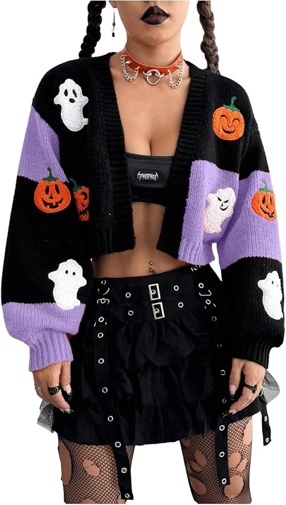 OYOANGLE Women's Pumpkin Print Cropped Cardigan Sweater Long Sleeve Open Front Knit Outerwear | Amazon (US)