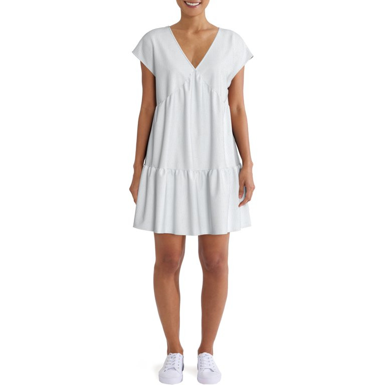 Time and Tru Women's Short Sleeve Woven V-Neck Dress | Walmart (US)