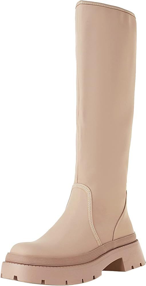 vivianly Women Round Toe Low Heel Knee High Boots Chunky Platform Heel Classics Zipper Bootes | Amazon (US)