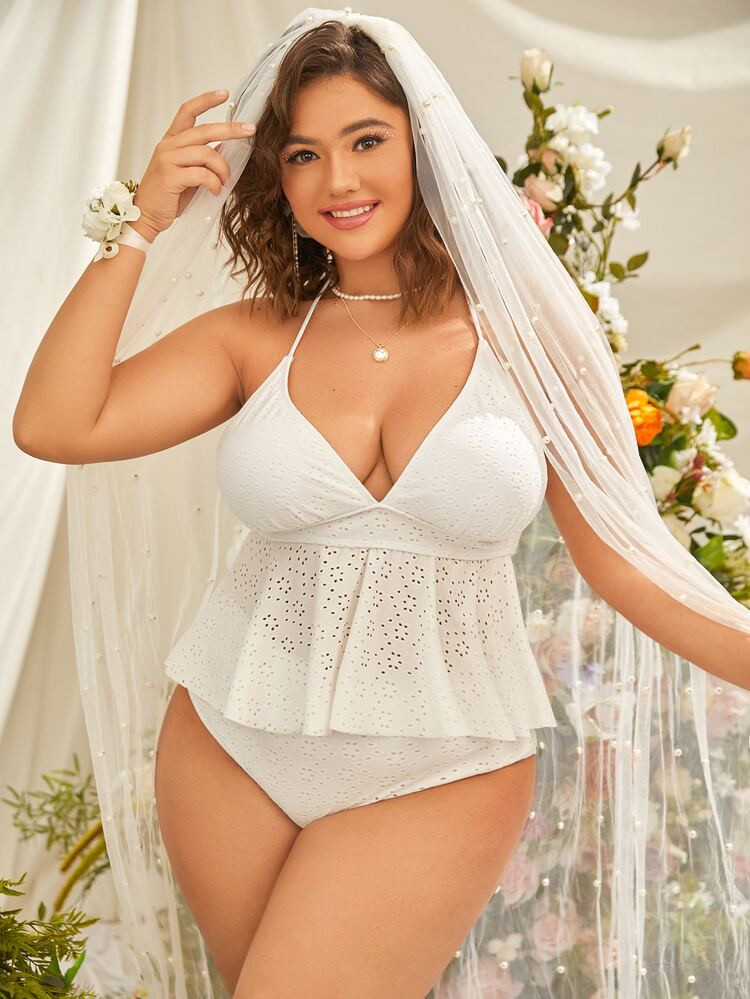 Plus Eyelet Embroidery Ruffle Hem Bikini Swimsuit | SHEIN