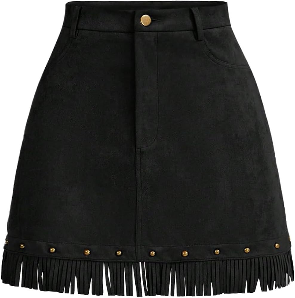 WDIRARA Women's Faux Suede Fringe Skirt High Waisted Tassel Western Mini Skirts | Amazon (US)