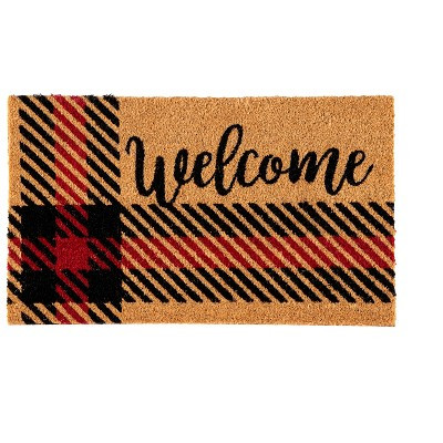 "Welcome" Red and Black Plaid Doormat | Target