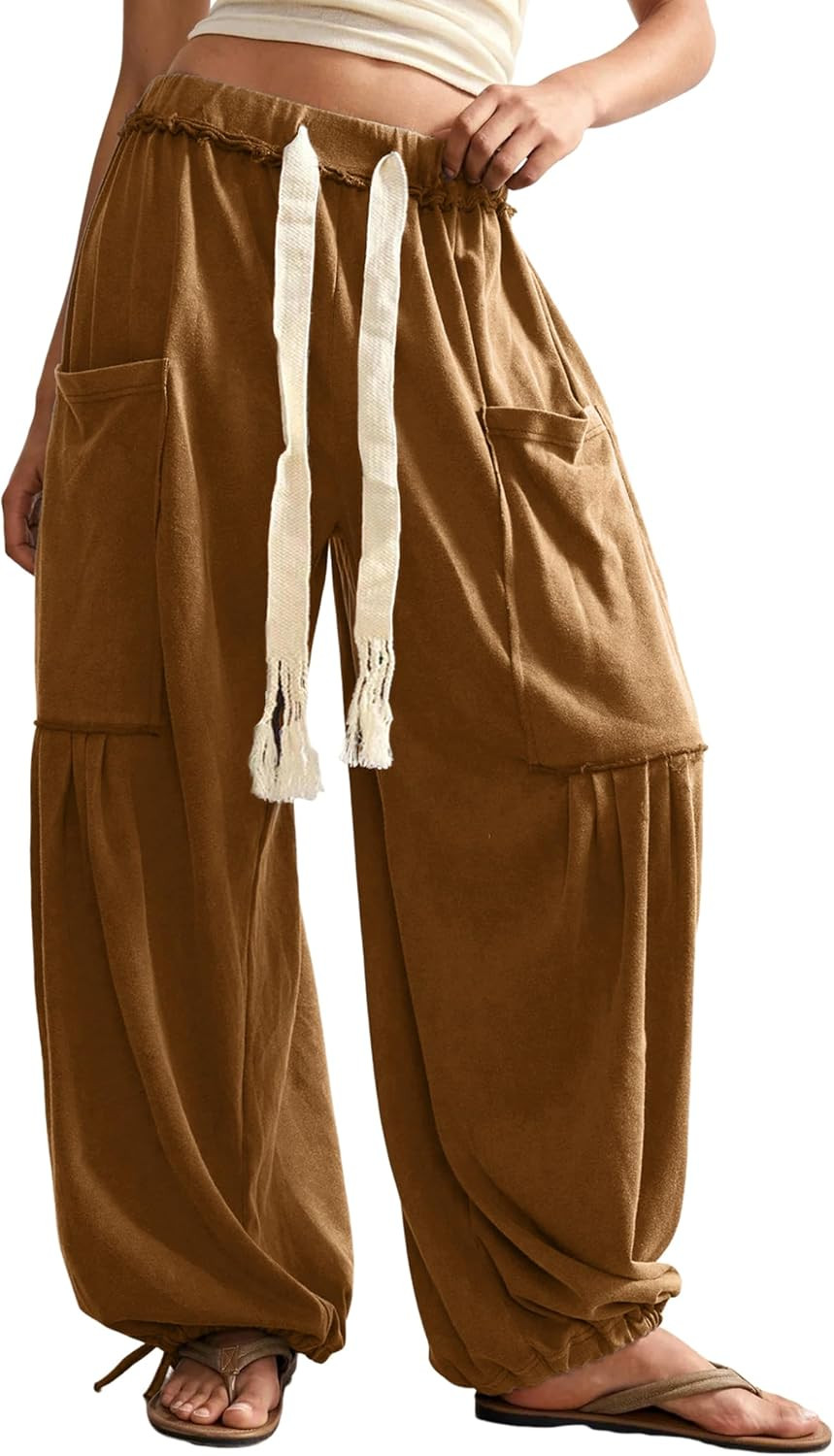 Springrain Women's Baggy Wide Leg Pants Casual Drawstring Harem Pants Bohemian Trousers with Big Pockets | Amazon (US)
